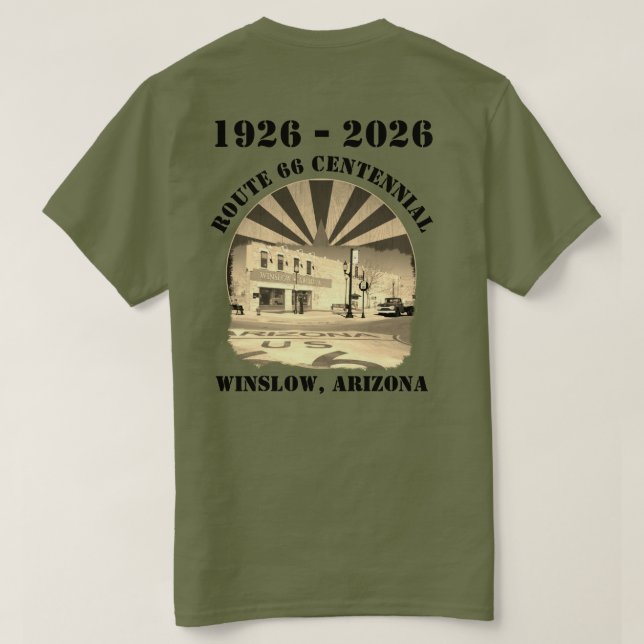 66 Centennial Sepia Winslow Arizona Tillbaka T Shirt (Design baksida)