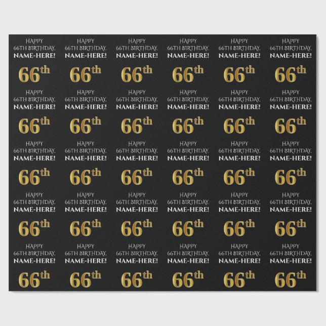 66:e födelsedag: Elegant, svart, faux Guld-utseend Presentpapper (Platt)