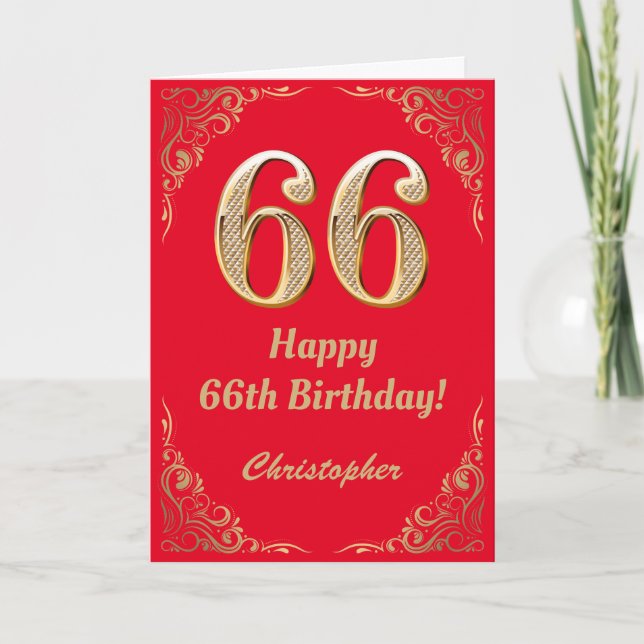 66:e födelsedag Röda och Guld Glitter Ram Kort (Framsida)