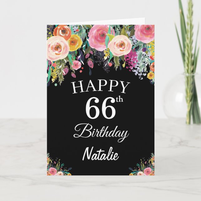 66:e födelsedag Svartkort för Blommigt av vattenfä Kort (Framsida)