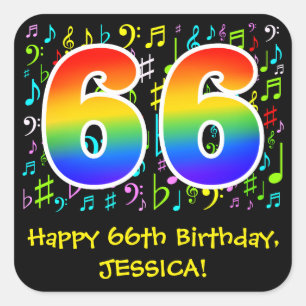 66:e födelsedagen: Colorful Music Symbols, Rainbow Fyrkantigt Klistermärke
