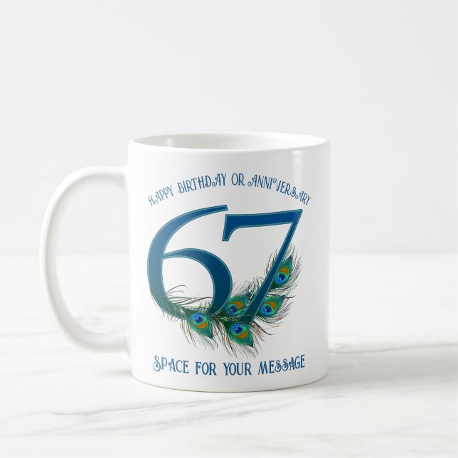 67-års födelsedag eller årsdag Påfågelsfjäder Kaffemugg (Vänster)
