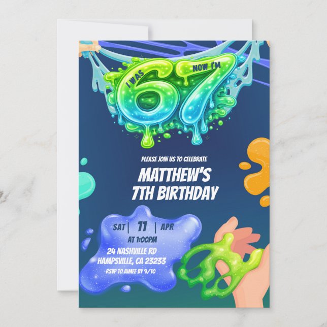 67 Boy Neon Blue Green Slime Birthday Invitation Inbjudningar (Framsida)