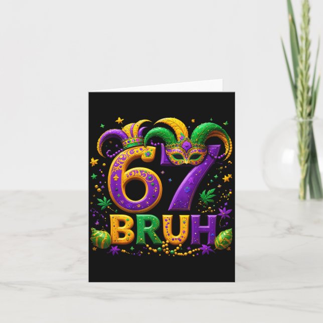 67 Bruh Jester Hat Feather Mask Mardi Gras Fleur D Kort (Framsida)