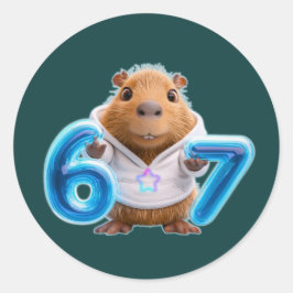 67 Capybara Round Sticker – Blue Glow | Deep Teal Runt Klistermärke