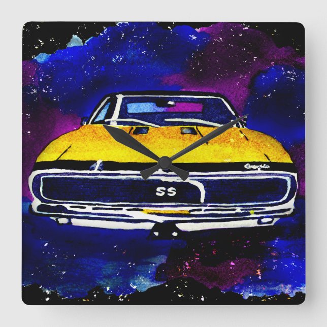 "67 Chevy Camaro SS" Vattenfärg Art Clock Square Fyrkantig Klocka (Framsida)