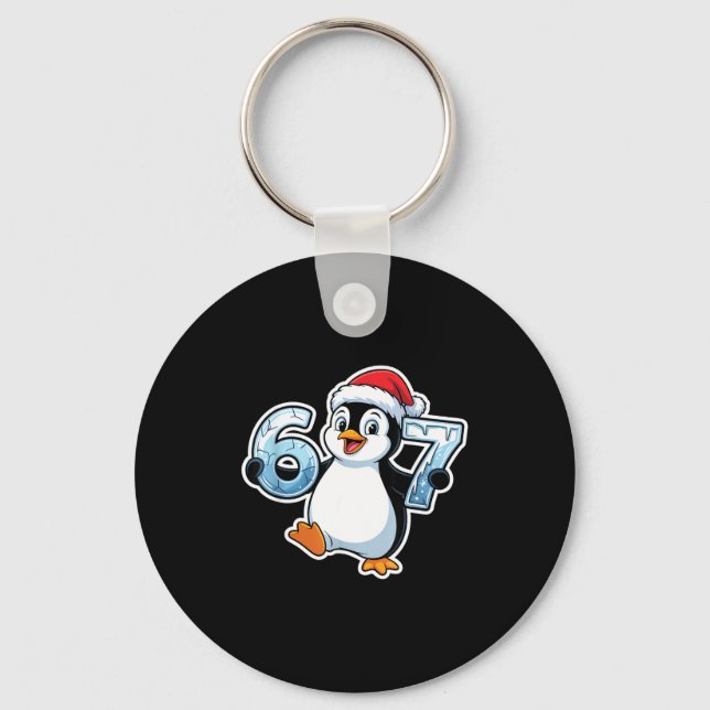 67 Christmas Penguin Santa Hat Birthday Holiday  Nyckelring (Framsida)
