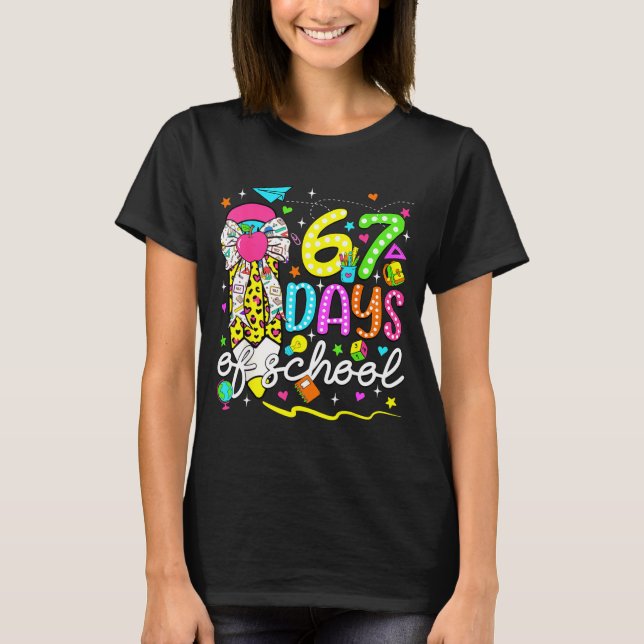 67 Days Of School Girls Coquette Bow Pencil 67 Day T Shirt (Framsida)