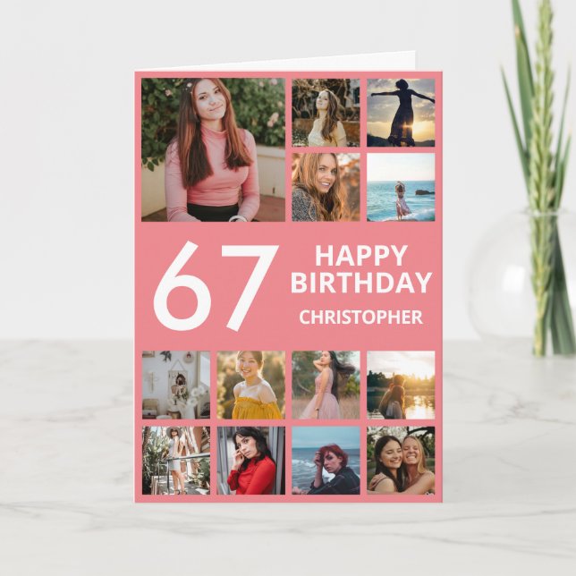 67:e födelsedag Photo Collage 13 Photos Rosa & Whi Kort (Framsida)