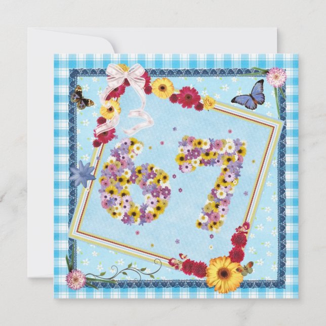 67:e Födelsedagsfest inbjudan-blommor,fjärilar Inbjudningar (Framsida)