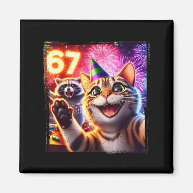 67 Meme Cat Raccoon New Year Selfie Funny Birthday Magnet (Framsidan)
