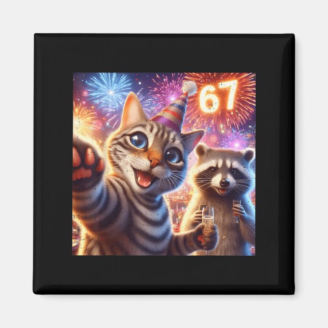 67 Meme Cat Raccoon New Year Selfie Funny Birthday Magnet (Framsidan)