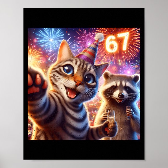 67 Meme Cat Raccoon New Year Selfie Funny Birthday Poster (Framsidan)