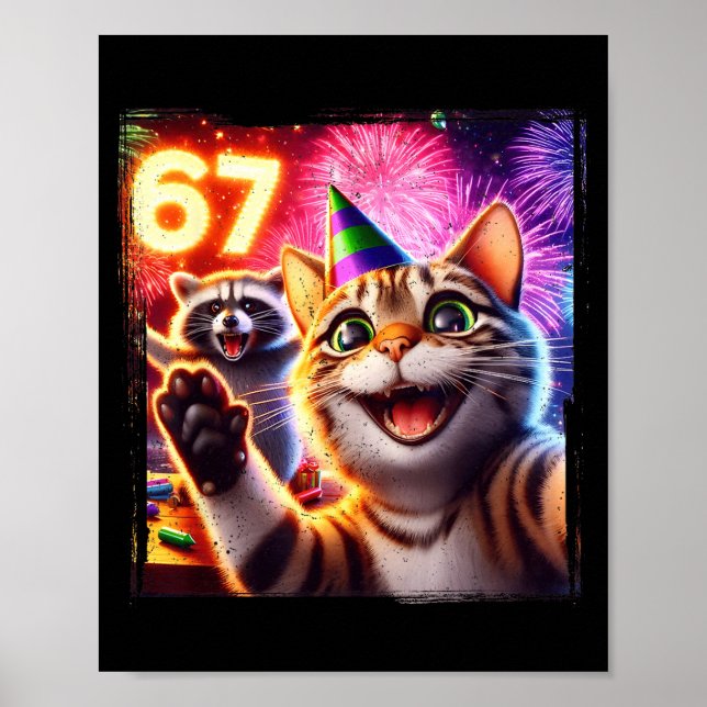 67 Meme Cat Raccoon New Year Selfie Funny Birthday Poster (Framsidan)