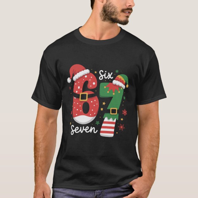 67 Meme Six Seven Elf Christmas Santa Hat T Shirt (Framsida)
