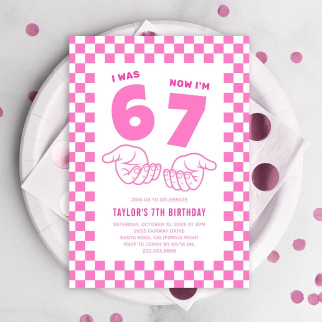 67 Meme Trend Rosa Barn 7-års Födelsedagsfest Inbjudningar (Skapare uppladdad)