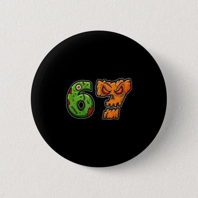 67 Zombie Pumpkin Six Seven Halloween Meme Kostym Knapp (Framsida)