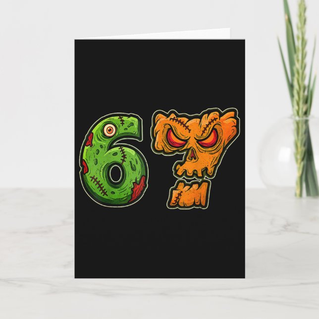 67 Zombie Pumpkin Six Seven Halloween Meme Kostym Kort (Framsida)