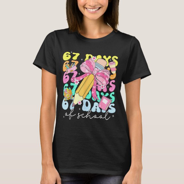 67th Day Of School 67 Days Pencil Coquette Bow Mem T Shirt (Framsida)