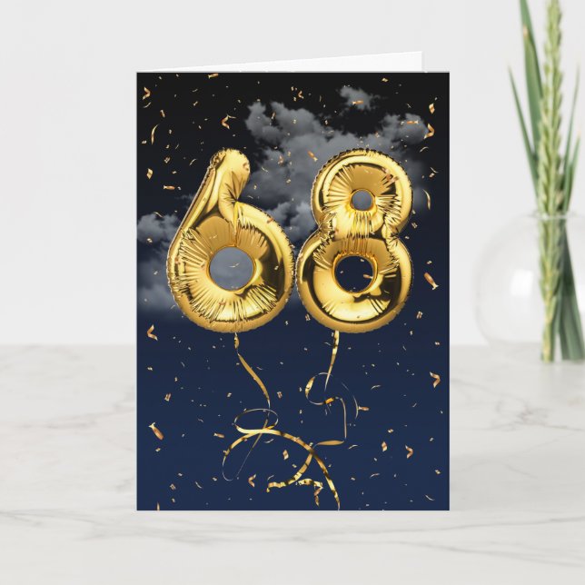 68-årsdag Guld Mylar-ballong och konfettikort Kort (Framsida)
