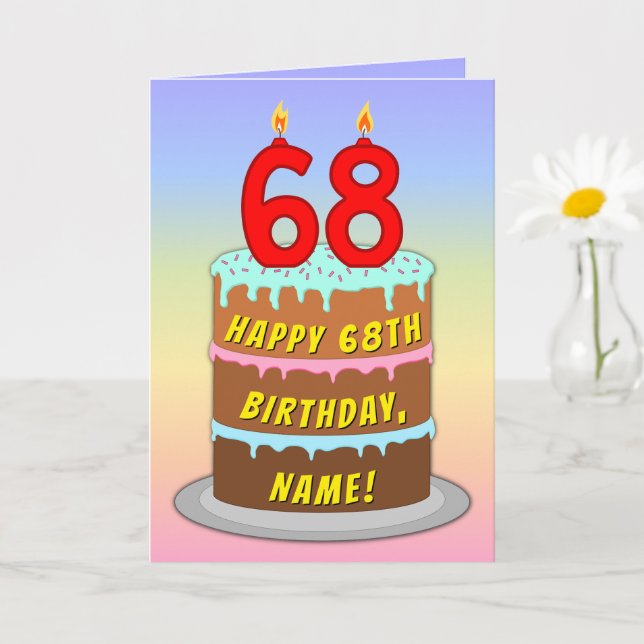 68th Birthday — Fun Cake & Candles, w/ Custom Name Kort (Liten växt)