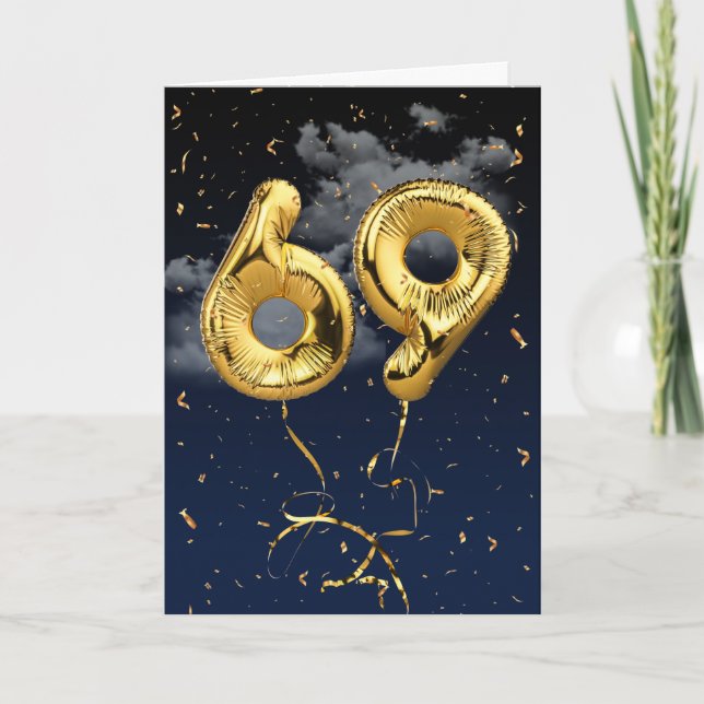 69-årsdag Guld Mylar-ballong och Konfettikort Kort (Framsida)