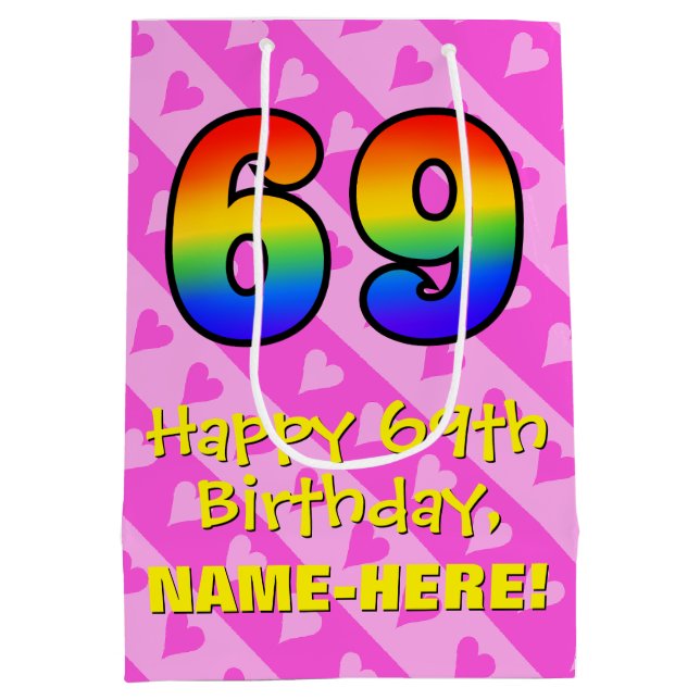 69-årsdag: Roliga rosa hjärtan ränder; Regnbåge 69 (Baksidan)