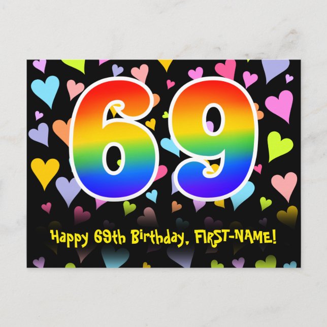 69-årsdag: Roligt hjärtmönster, regnbåge 69 Vykort (Framsida)