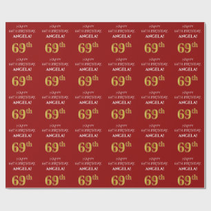 69:e födelsedag: Elegant, rött, Faux Guld-utseende Presentpapper