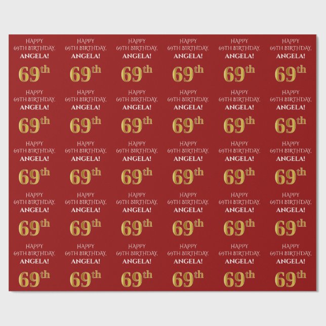 69:e födelsedag: Elegant, rött, Faux Guld-utseende Presentpapper (Platt)
