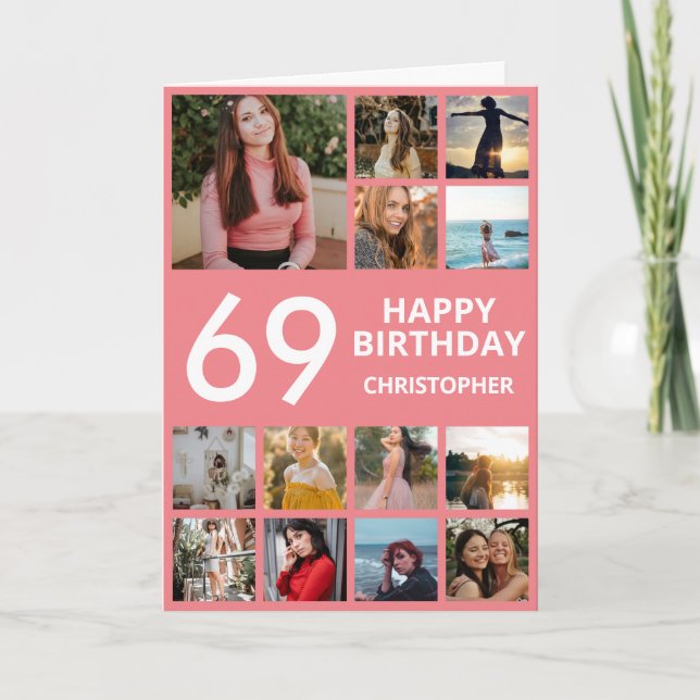 69:e födelsedag Photo Collage 13 Photos Rosa & Whi Kort (Framsida)