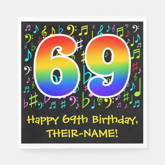 69:e födelsedagen - Färgstarka musiksymboler, regn Pappersservett (Framsidan)