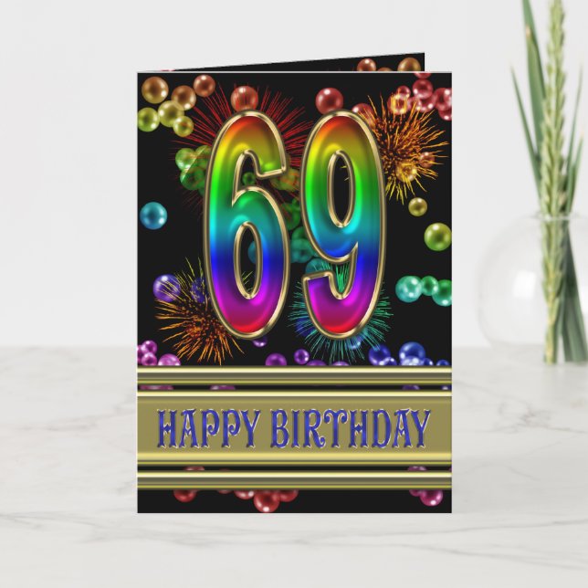 69:e födelsedagen med regnbågsbubblor och fyrverke kort (Framsida)