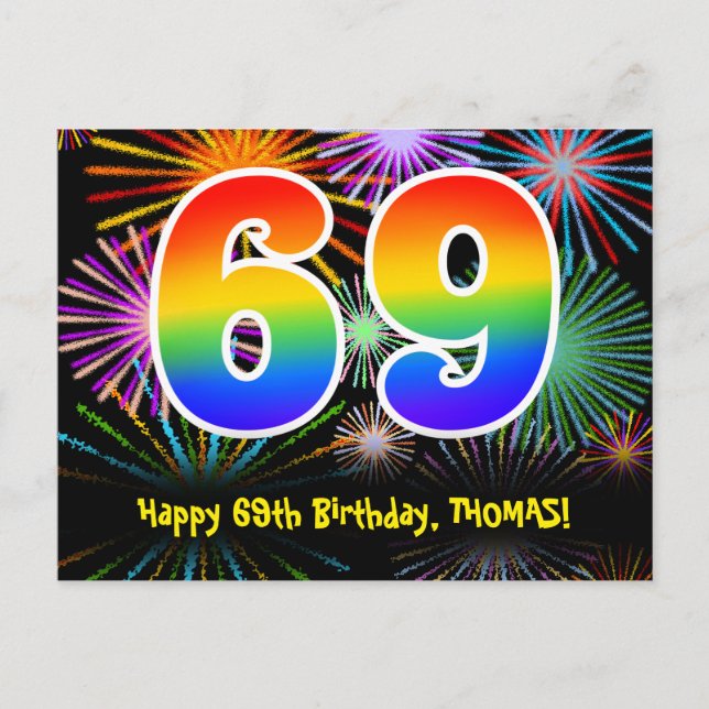 69:e födelsedagen - Roligt Fireworks Mönster + reg Vykort (Framsida)