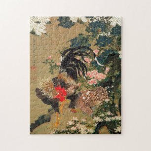 6. 紫陽花双鶏図, 若冲vanlig hortensia och tupp, Jakuchū Pussel