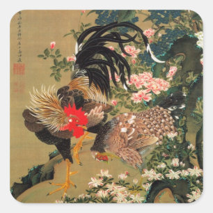 6. 紫 陽 花 双 鶏 図, 若 senare Hydrangea och Tupp, Jakuc Fyrkantigt Klistermärke