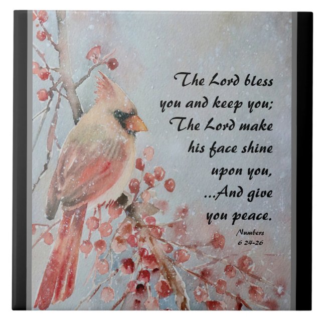 6 24-26 Lord Bless You Red Bird & Berries Kakelplatta (Framsidan)