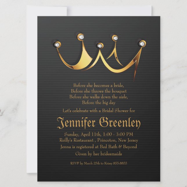 6,5" x 8,75" guld- kunglig drottningkronamöhippa inbjudningar (Framsida)