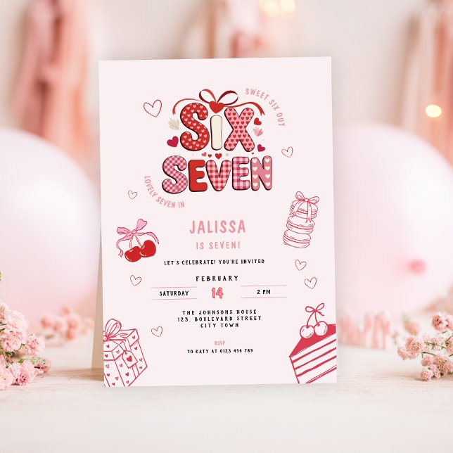 6 7 Birthday for Girls, Pink 7th Kids Party  Inbjudningar (pink 6 7 kids girl's birthday party invitation)