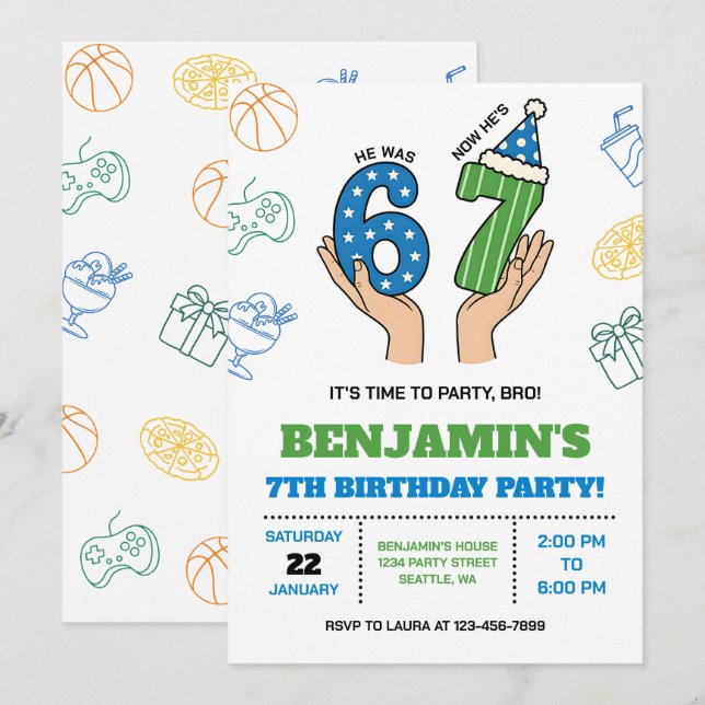 6-7 Birthday Invitation for Boys, Six Seven Meme Inbjudningar (Fram/baksida)