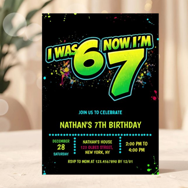 6 7 Boy Neon Six Seven Birthday Graffiti Inbjudningar (7th birthday invitation, neon birthday invite, graffiti birthday invitation, glow party invite, I wa)