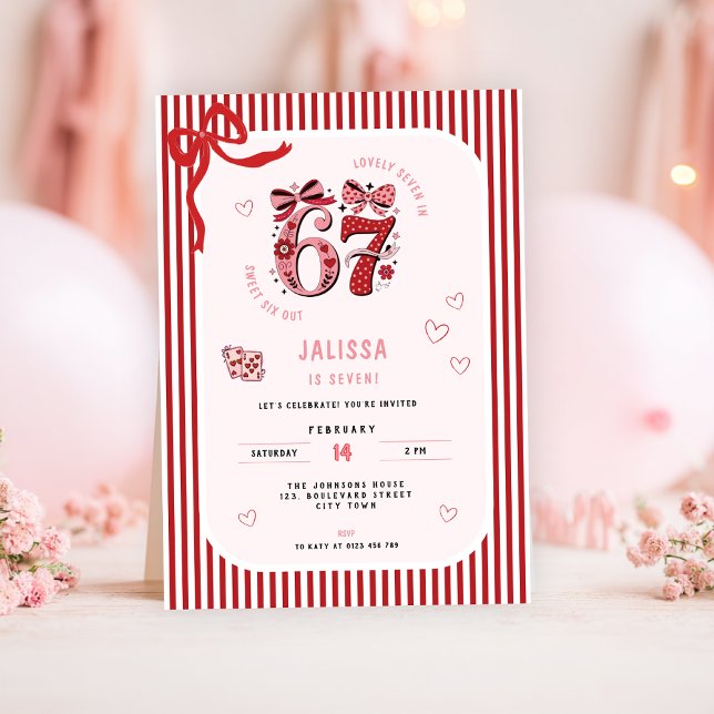 6 7 Födelsedag för tjejer, Rosa barn 7-års födelse Inbjudningar (pink 6 7 kids girl's birthday party invitation)