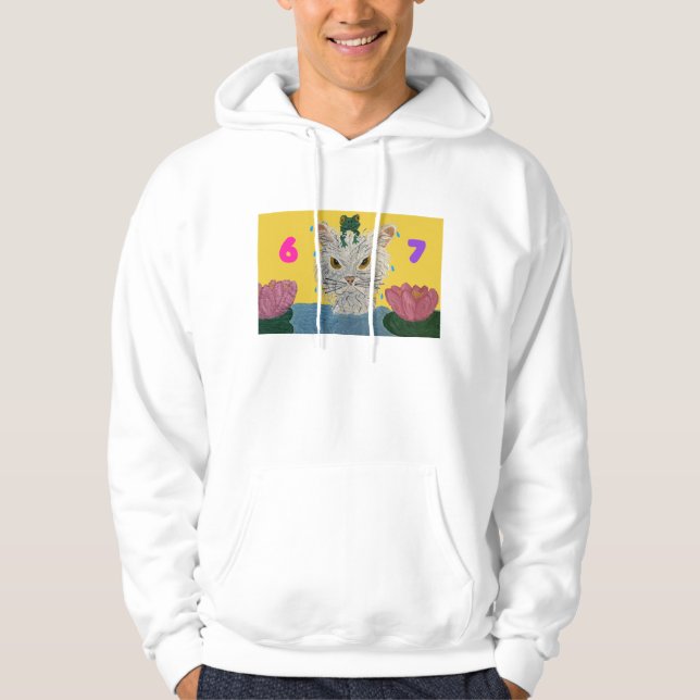 6 7 Mad Cat with frog on its head Hoodie (Framsida)
