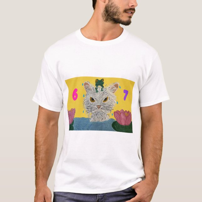 6 7 Mad Cat with frog on its head T Shirt (Framsida)