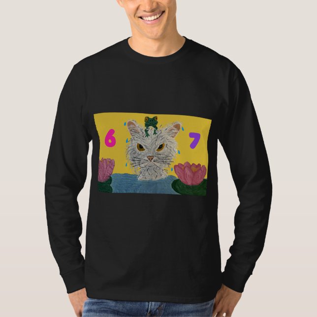 6 7 Mad Cat with frog on its head T Shirt (Framsida)
