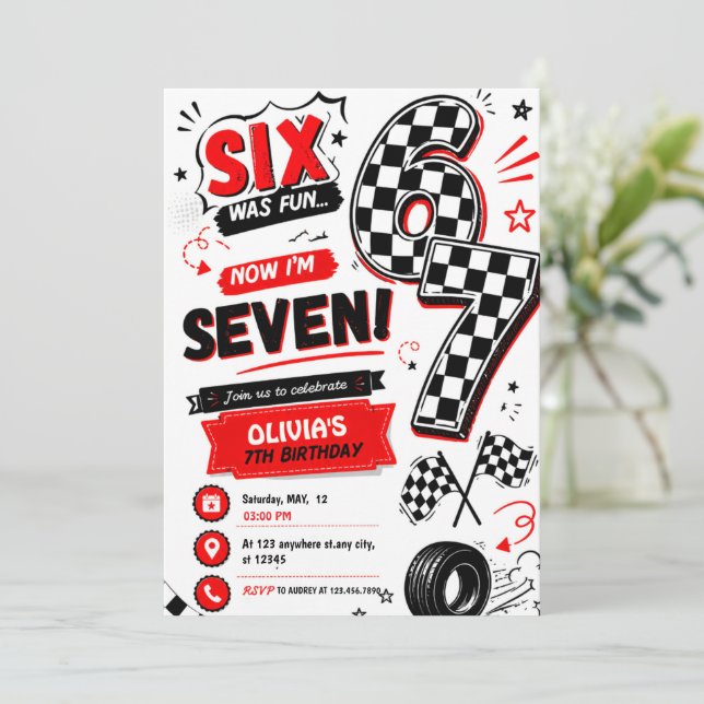 6 7 Meme 7-års födelsedagsracing Retro sju Födelse Inbjudningar (Stående Fram)