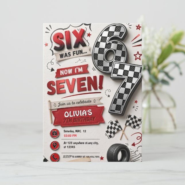 6 7 Meme 7-års födelsedagsracing sju Födelsedag Inbjudningar (Stående Fram)
