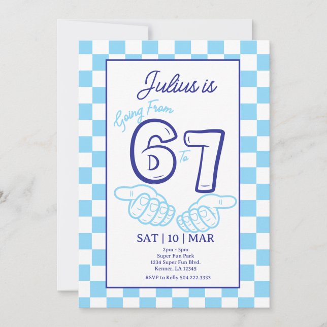 6 7 Meme Birthday Blue Checkerboard Invitation Inbjudningar (Framsida)