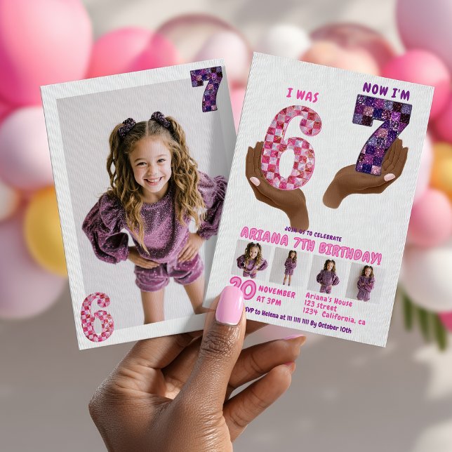 6 7 Meme Retro Pink Purple Checker Kids Birthday Inbjudningar (6 7 Meme Retro Pink Purple Checker Kids Birthday Invitation)