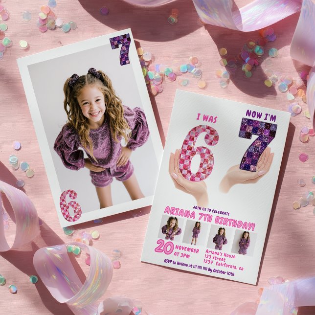 6 7 Meme Retro Rosa Lila Rutig Barnkalas Inbjudningar (6 7 Meme Retro Pink Purple Checker Kids Birthday Invitation)